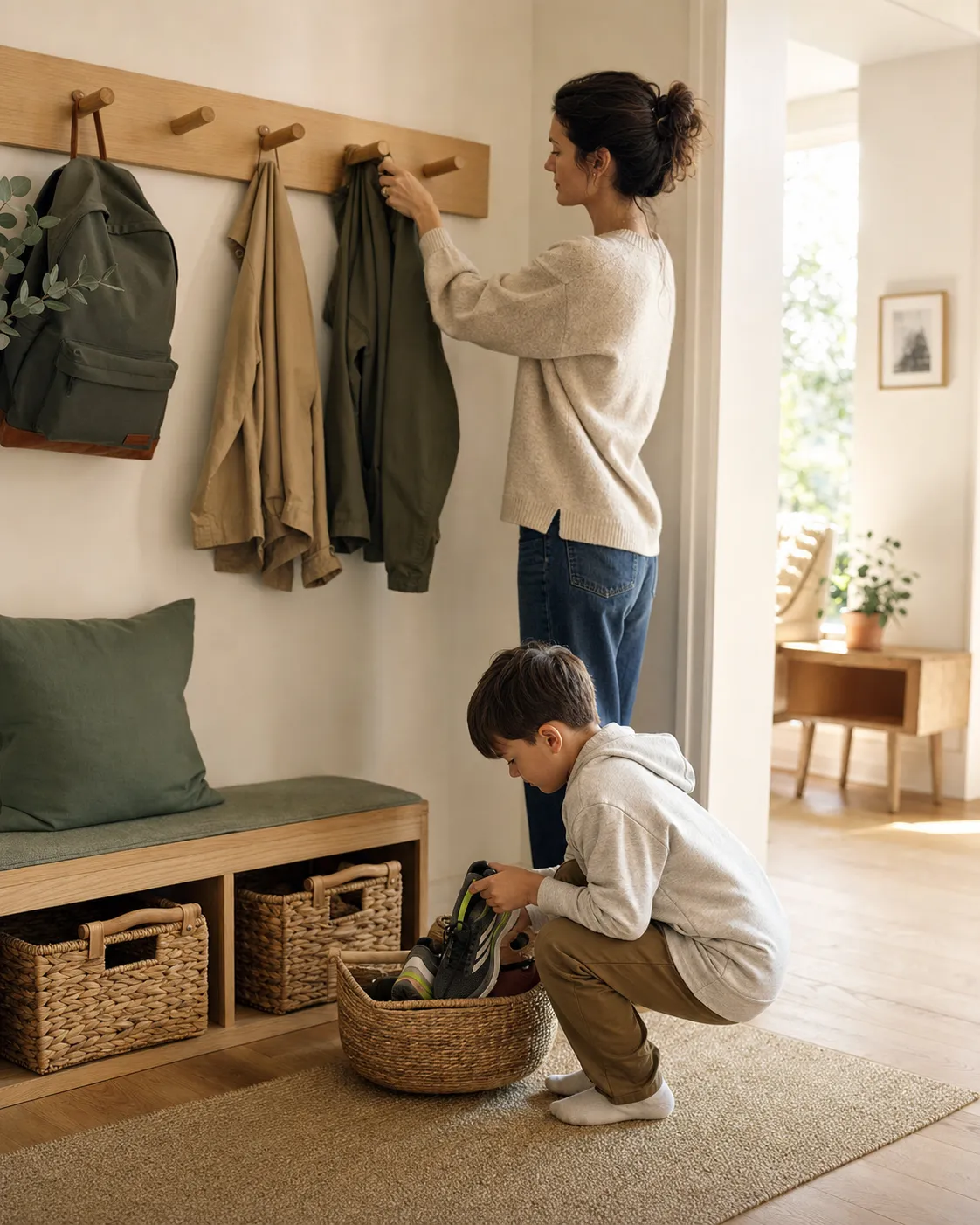 A family getting ready together in a warm home entryway